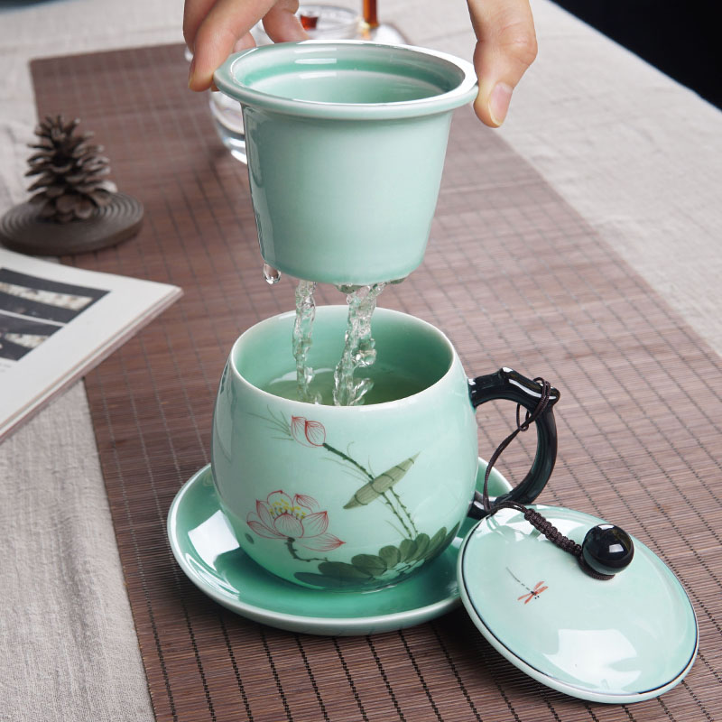 青瓷手绘仿古水杯带把茶漏陶瓷茶水分离过滤大号办公室男泡茶杯子