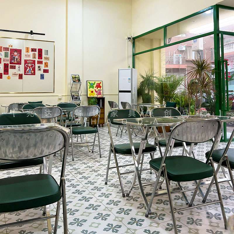 港风冰室餐桌不锈钢桌椅下午茶甜品店折叠方桌圆桌复古茶餐厅桌子