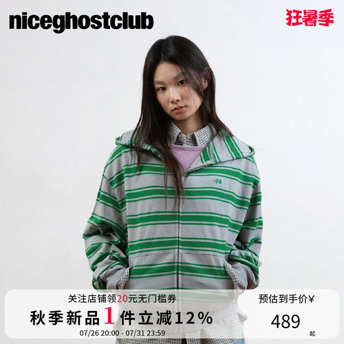 NICEGHOSTCLUB多条纹三星刺绣连帽卫衣韩系复古宽松休闲拉链外套