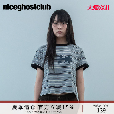 NICEGHOSTCLUB2026年夏季宽松星星图案条纹短袖基础款撞色罗纹T恤