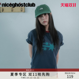 NICEGHOSTCLUB夏季美式复古3STAR星星图案街头风女装圆领短款T恤