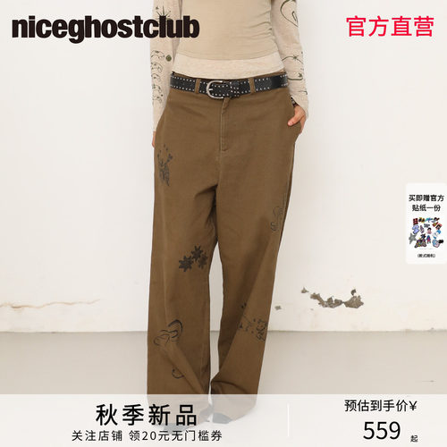 NICEGHOSTCLUB复古涂鸦印花水洗长裤做旧棉质宽松直筒休闲牛仔裤
