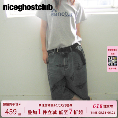 NICEGHOSTCLUB复古休闲女装超宽松百慕大涂鸦牛仔裤