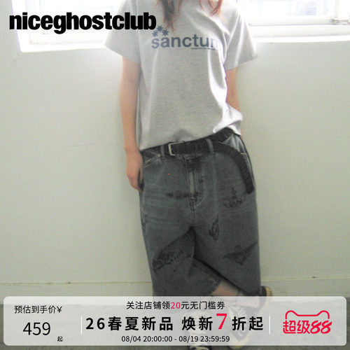 NICEGHOSTCLUB复古休闲女装超宽松百慕大涂鸦牛仔裤