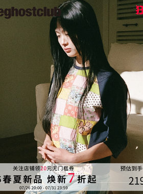 NICEGHOSTCLUB拼布衍缝涂鸦印花T恤复古 Y2K 风撞色插肩短袖上衣