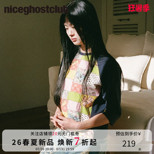 NICEGHOSTCLUB拼布衍缝涂鸦印花T恤复古 Y2K 风撞色插肩短袖上衣