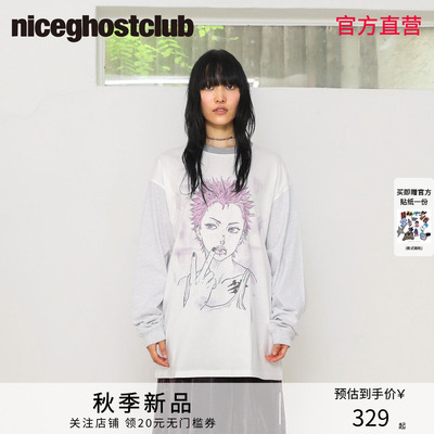 NICEGHOSTCLUB撞色插肩长袖T恤动漫人物印花落肩宽松复古休闲上衣