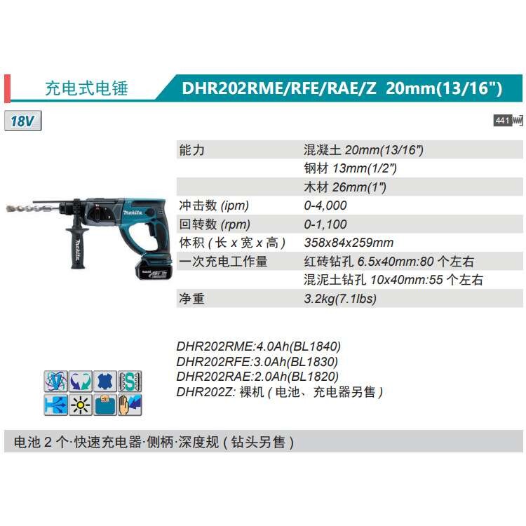 牧田Makita充电式电锤DHR202RME/RAE/Z锂电20型