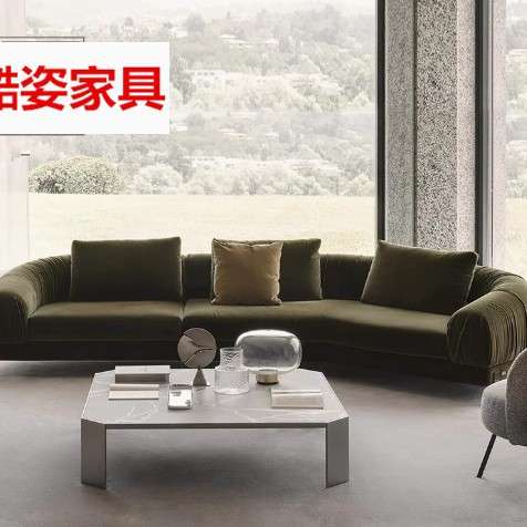 极简美式轻奢墨绿色绒布别墅大户型客厅布艺褶皱转角弧形沙发组合