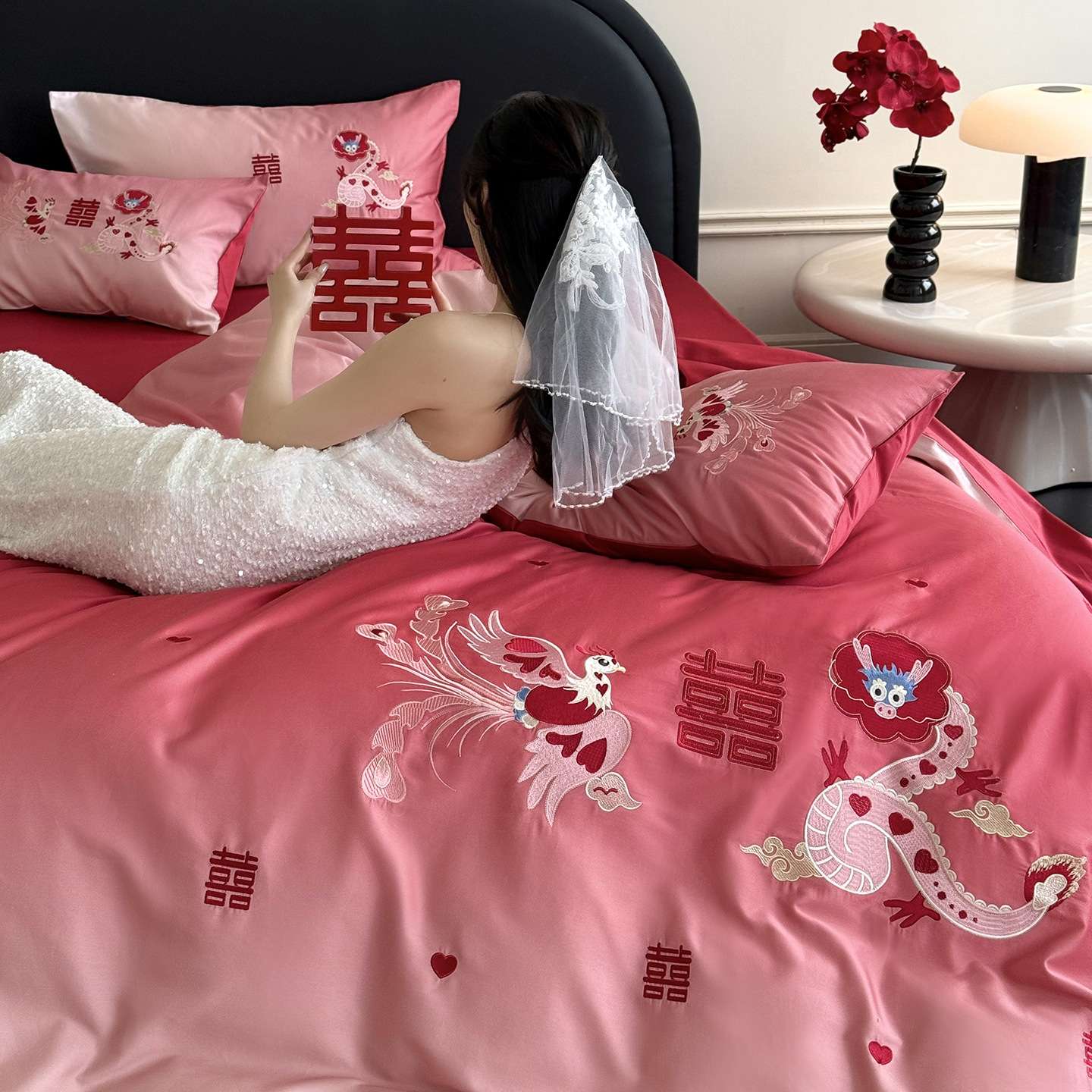 高端婚庆全棉长绒棉四件套床笠款龙凤喜刺绣纯棉床上红色结婚被套