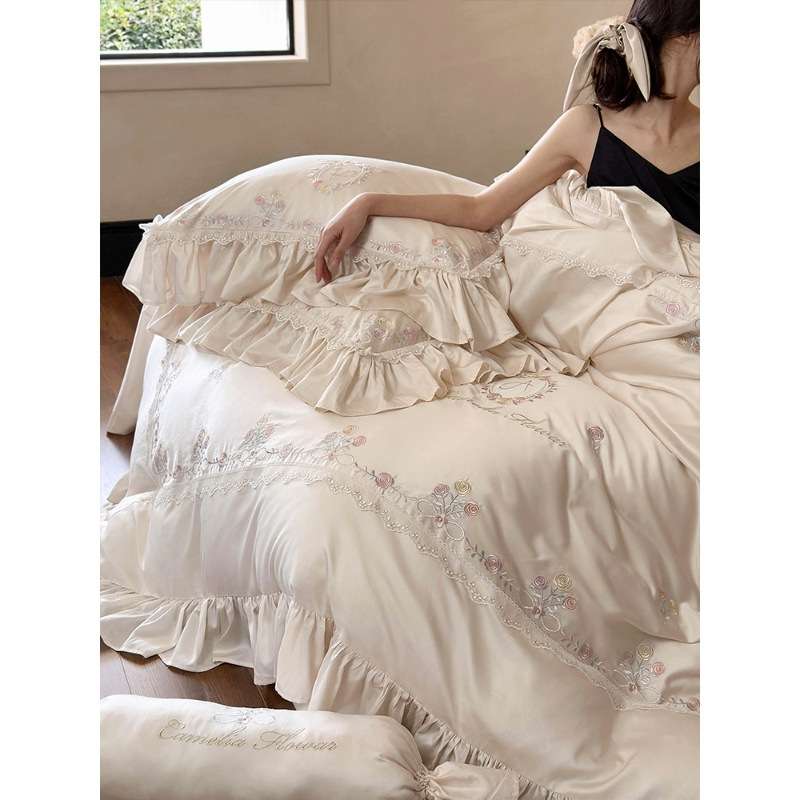 春夏少女心莱赛尔四件套公主风蕾丝刺绣丝滑凉感被套床上用品1.8