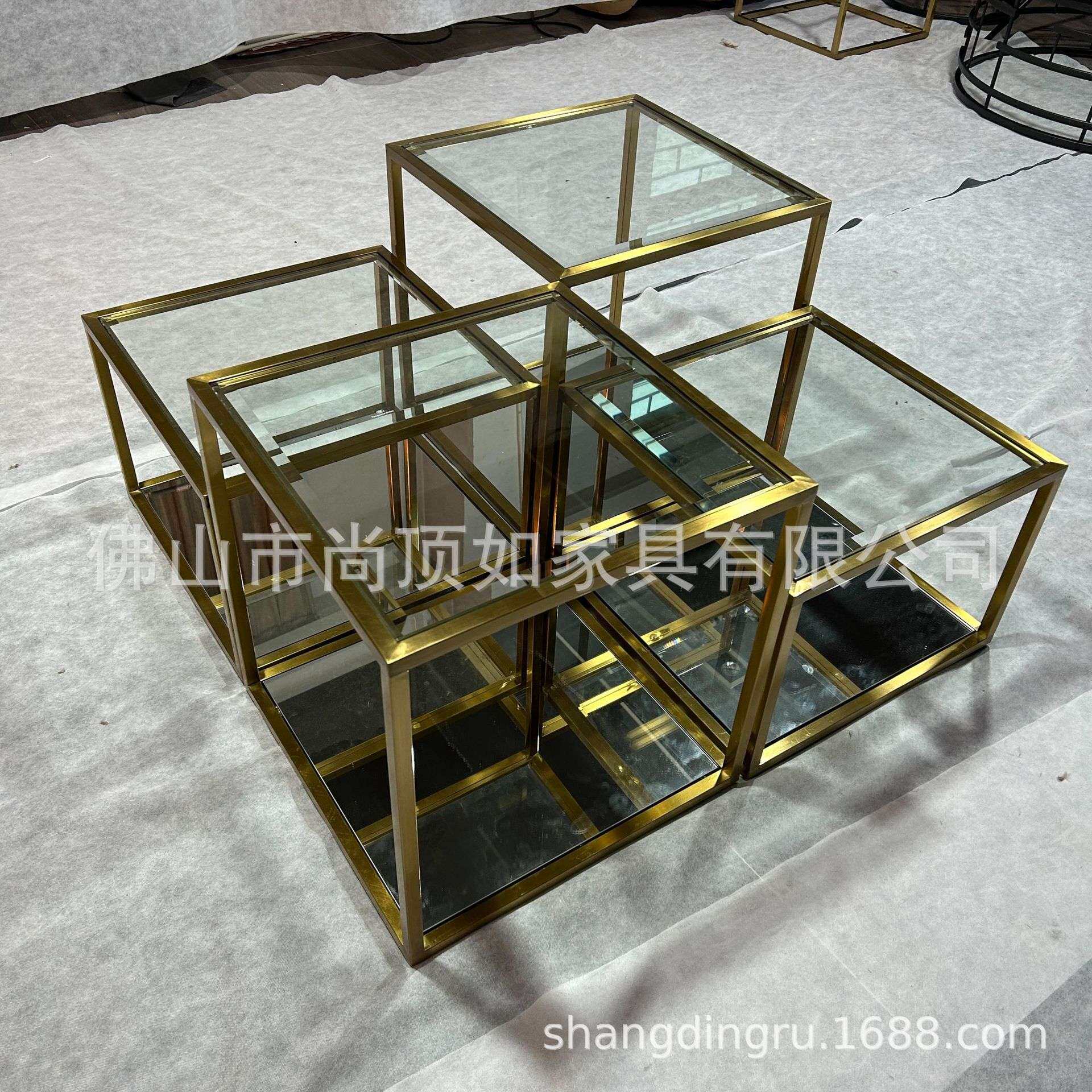 多层次镜子茶几客厅用拉丝钛金茶几角几套装家用大茶桌