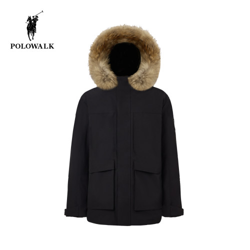 POLOWALK连帽毛领中长款羽绒服
