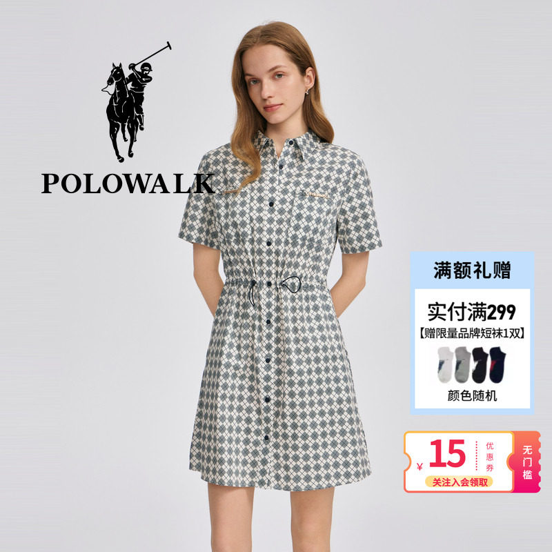 POLOWALK女装2026夏季新品女式短袖连衣裙衬衫领梭织设计感长裙夏图片