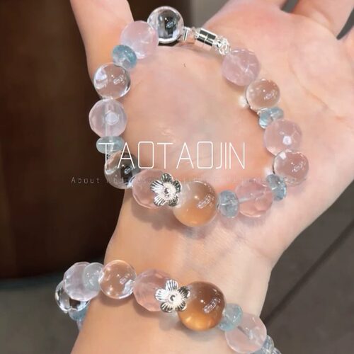 梦中花粉水晶白水晶牛鼻孔手串女生同款手链招财送礼时尚设计感