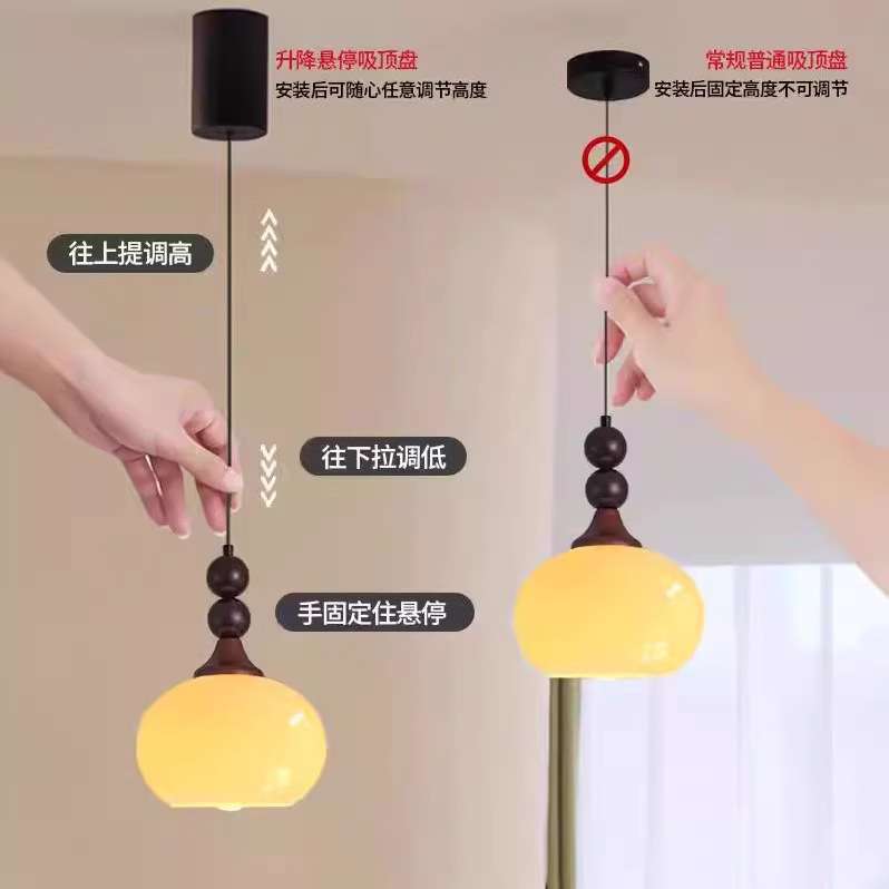 中古卧室床头小吊灯2026新款法式复古单头实木吧台艺术可升降主灯图片