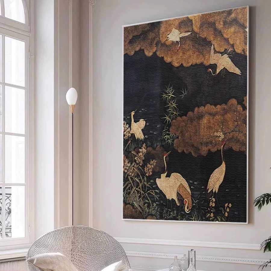 现代复古风客厅进门玄关装饰画沙发新中式挂画法式中古风仙鹤壁画