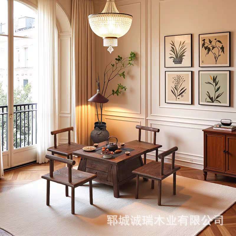 老榆木围炉桌茶桌室内炭火茶台办公室烧烤火锅桌方形电磁炉煮茶桌