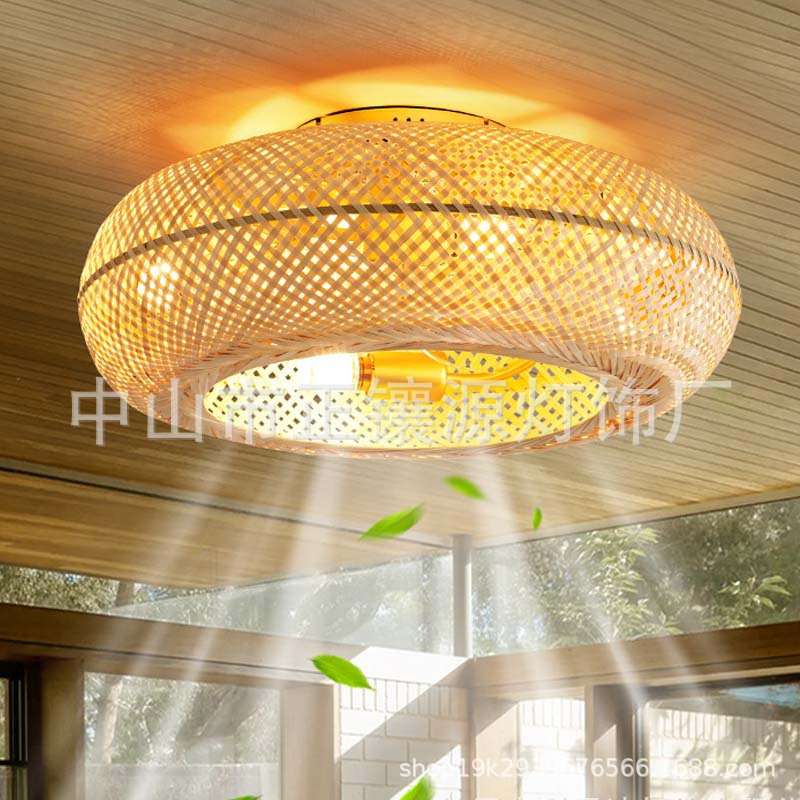 亚马逊跨境110V竹编卧室餐厅吸顶风扇灯带藤制笼式吊扇灯中山