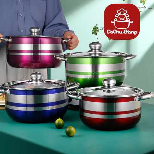 不锈钢八件套彩色套锅20-26CM加厚复底汤锅十件套Cookware