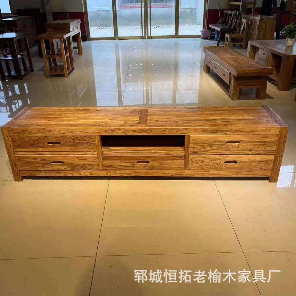 实木电视柜家用客厅老榆木视听柜储物柜风化纹理家用实木电视柜