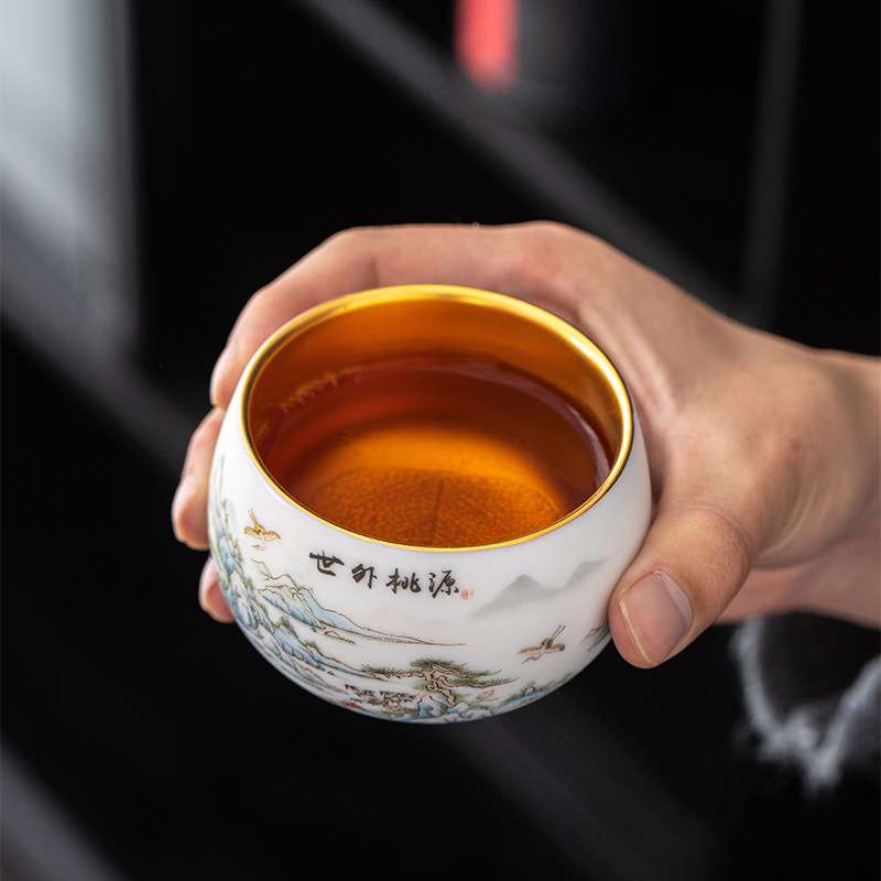 茶杯主人杯白瓷建盏小茶碗鎏金杯木叶盏品茗杯茶盏轻奢复古