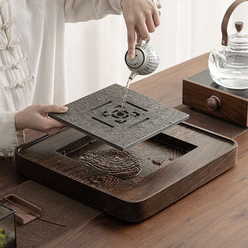 大号空念鸡翅木乌金石茶盘 中式家用排水蓄水两用干泡盘四方茶台