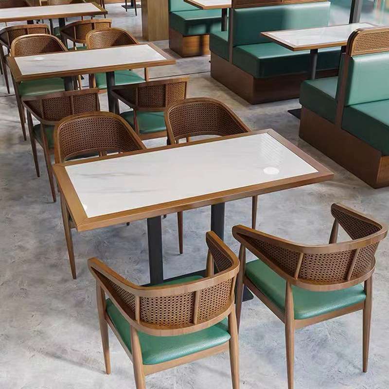 餐饮饭店面馆商用餐厅实木卡座沙发双人长椅藤编靠背创意清吧卡坐