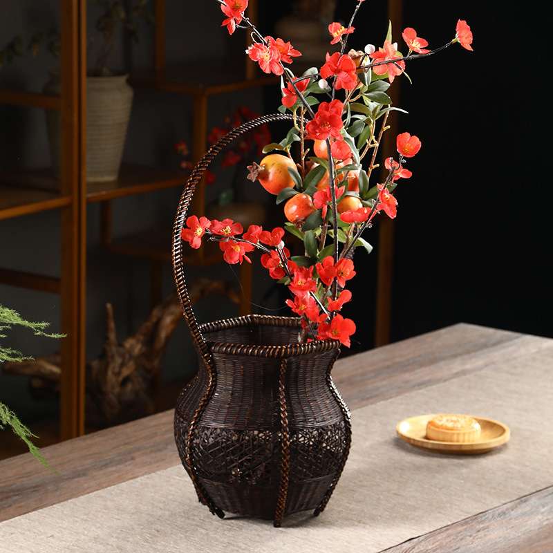 手工竹编花器日式 客厅玄关茶几插花器 禅意茶艺花插花篮竹摆件