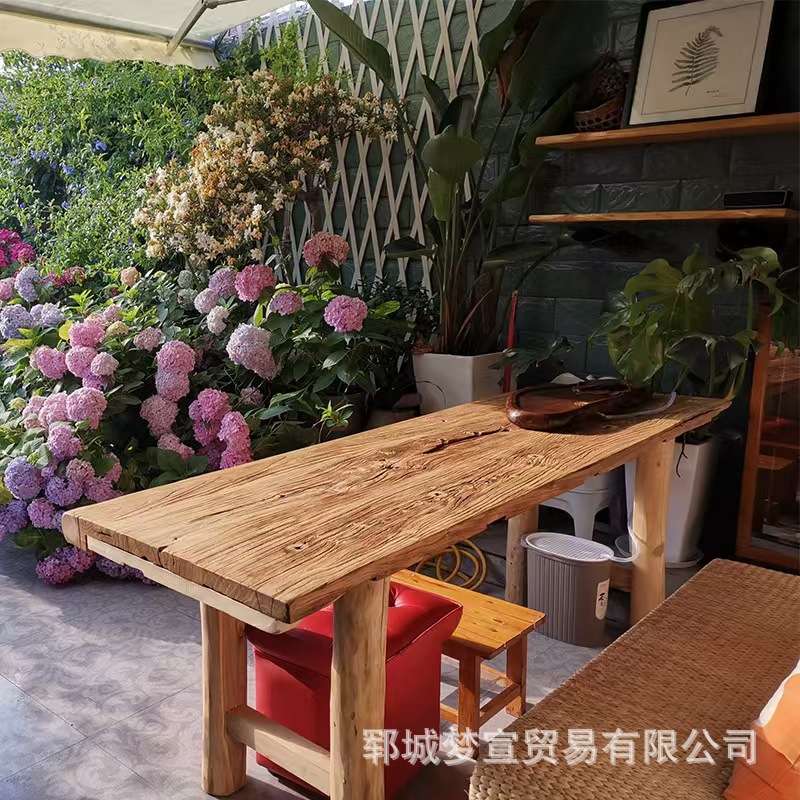 老榆木门板桌禅意风化茶桌泡茶台复古实木吧台原木旧木板茶台餐桌
