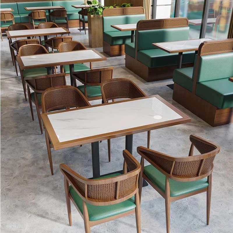 新中式编藤实木靠墙卡座沙发餐饮餐厅沙发连锁饭店餐馆餐桌椅子组