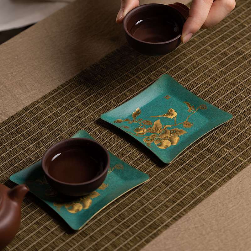 厂家 铜彩画四方紫铜杯垫微雕工艺大杯托家用茶道隔热垫茶杯垫