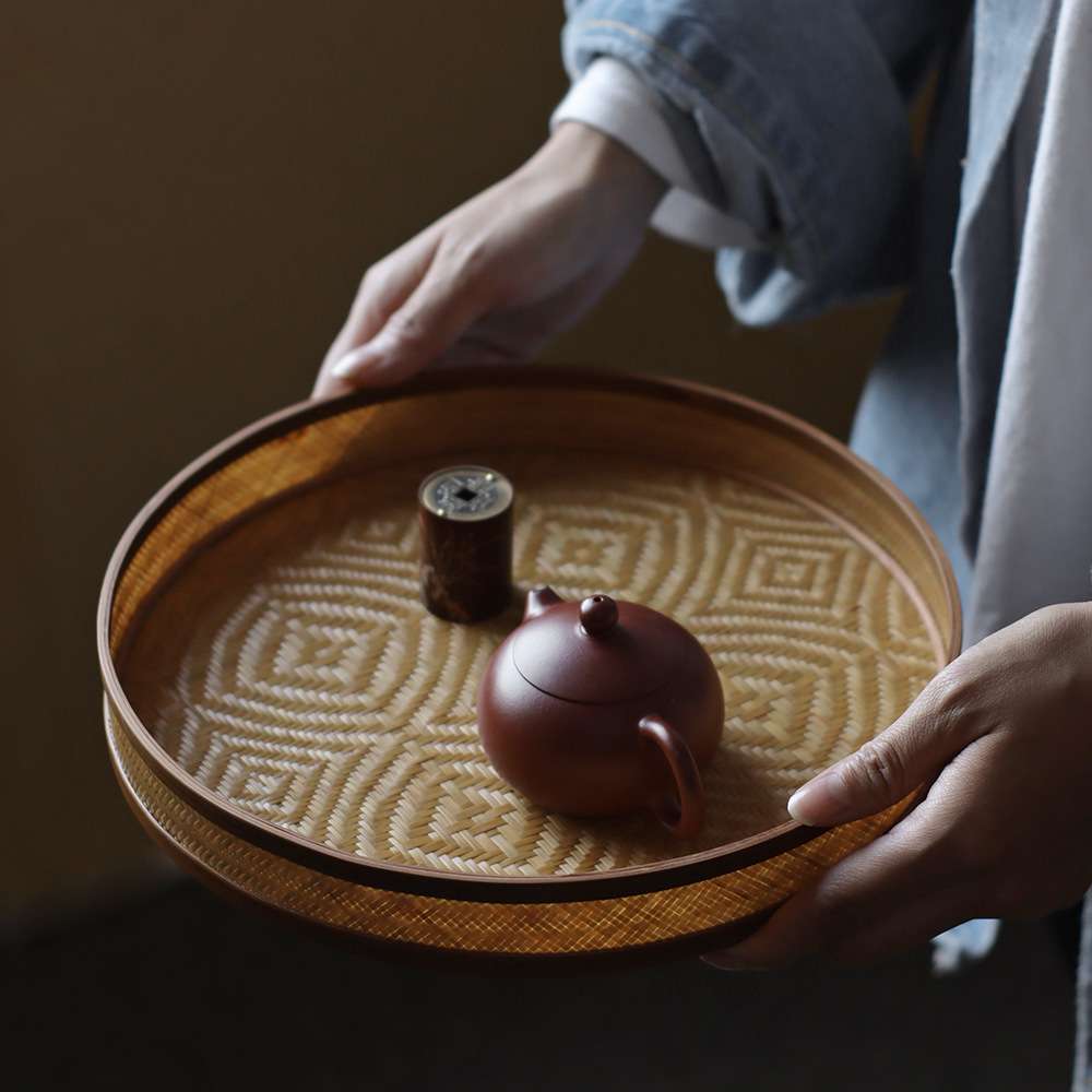 手工竹编圆簸箕 茶道器具收纳托盘 奉茶盘 茶点干果盘 竹制工艺品