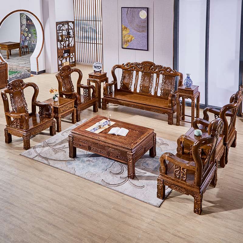 ?鸡翅木家具 别墅大户型古典原木沙发 中式客厅实木十件套沙发