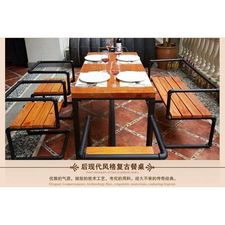 美式复古做旧实木铁艺水管餐桌椅休闲酒吧咖啡厅卡座沙发桌椅组合