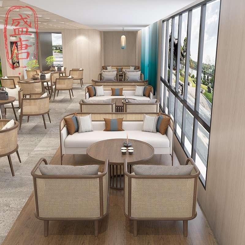 北欧民宿酒店实木沙发洽谈会客接待餐厅藤椅卡座饭店茶楼藤编沙发