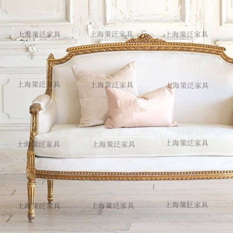 美式乡村实木雕花布艺三人沙发法式复古金色做旧影楼展厅休闲家具