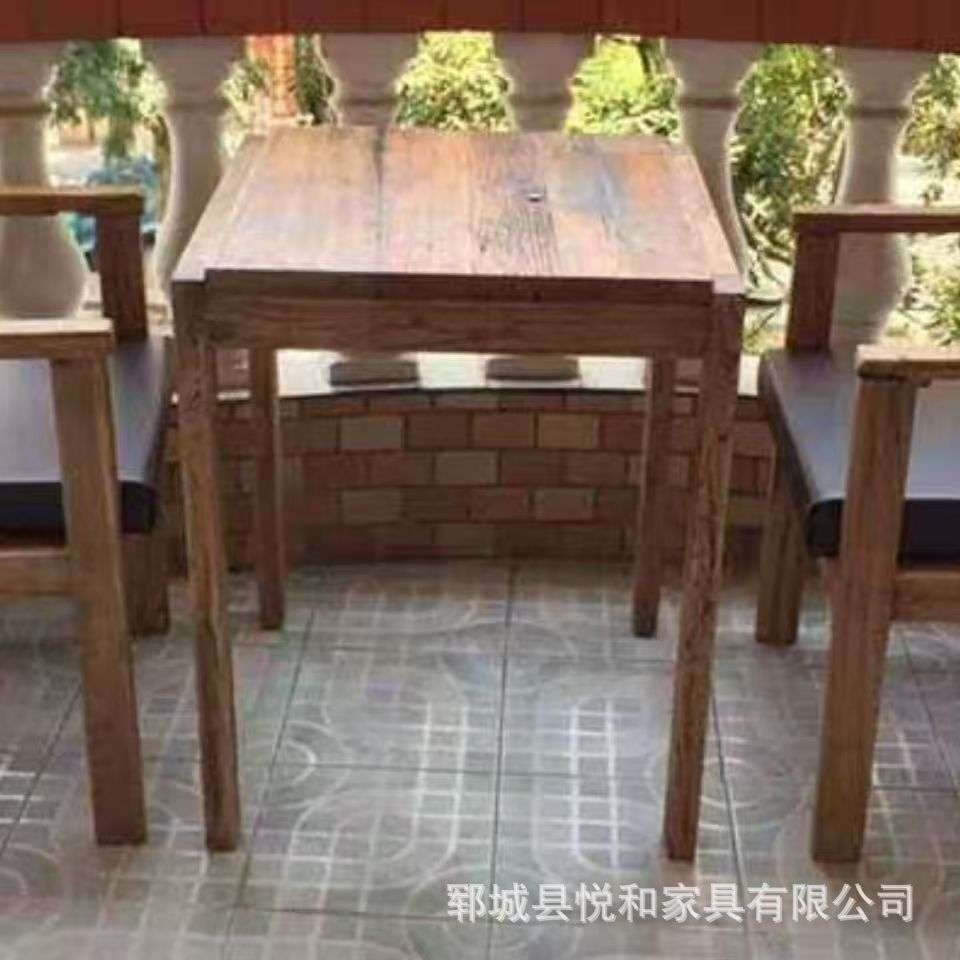 老榆木咖啡厅桌椅组合实木正方形小吃桌椅家用复古怀旧餐桌休闲桌