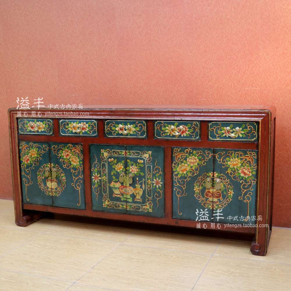 新中式仿古实木彩绘餐边柜复古手绘客厅装饰柜子外贸出口广东家具