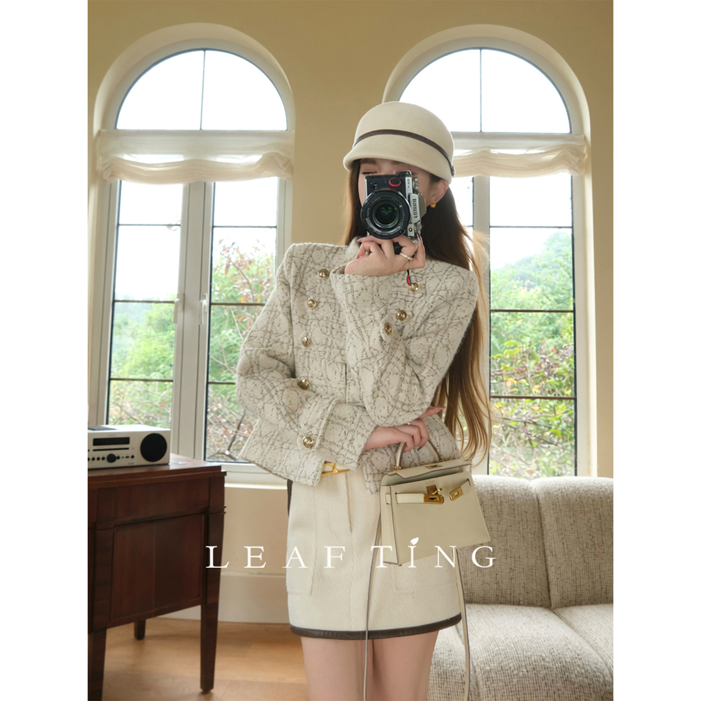定织提花羊毛小香风立领外套女