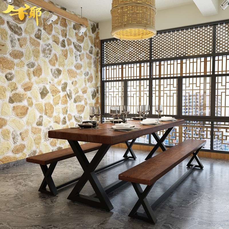 北欧简易长条桌椅组合铁艺实木长方形复古餐桌椅酒店餐厅实木餐桌