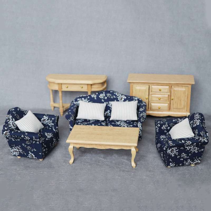 1:12娃娃屋dollhouse迷你家具客厅微场景实木模型沙发6件套装ob11图片