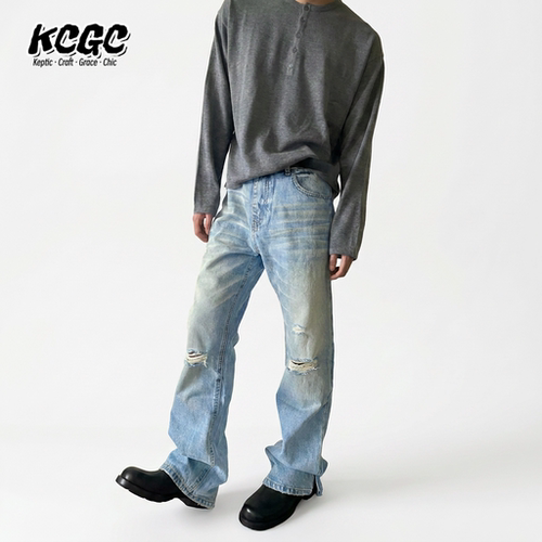 KCGC男士浅蓝破洞宽松牛仔裤
