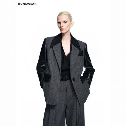 KUNSWEAR/琨丝薇尔26FA 简约皮质拼接设计立领西装外套 846002240