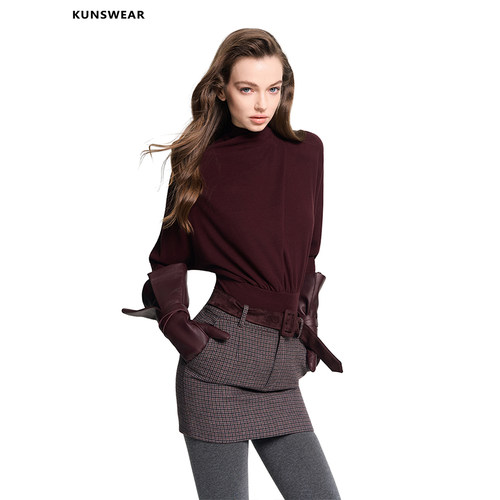 KUNSWEAR/琨丝薇尔26WI 优雅氛围酒红收腰针织长袖上衣 848004200