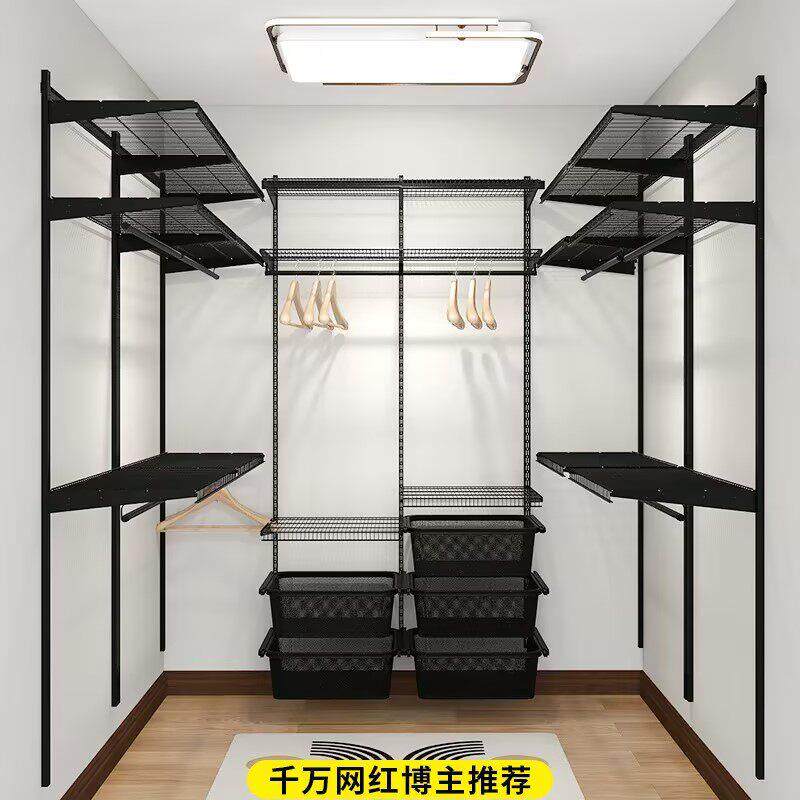 开放式步入式衣柜卧室黑色金属衣帽间框架砌墙衣柜置物架衣橱diy