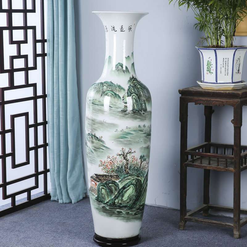 景德镇陶瓷器落地大花瓶手绘粉彩山水开业瓷瓶中式客厅装饰品摆件