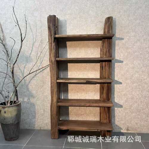 中古风实木多层展示架民宿植物花瓶置物架老榆木分层阅读书陈列架