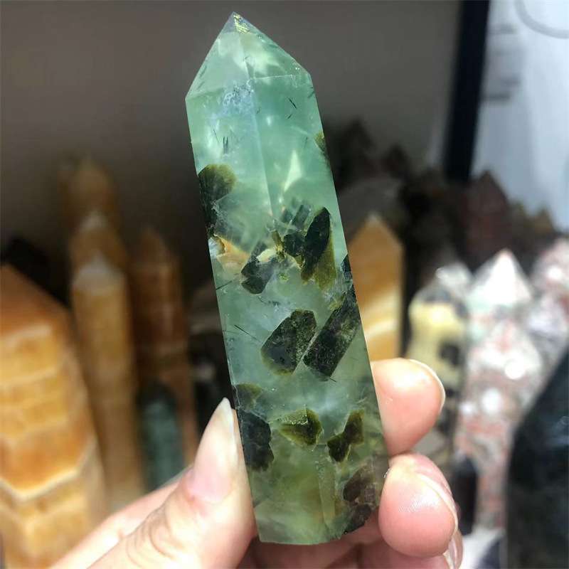 天然水晶柱葡萄石发晶单尖六棱柱外贸跨境家居装饰能量柱摆件