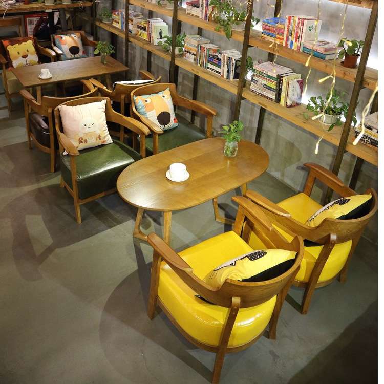甜品奶茶店咖啡厅桌椅休闲书吧休息区洽谈休闲实木围椅茶几组合